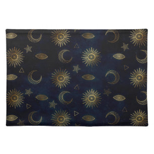 Celestial Blue Gold Sun Moon Stars Cloth Placemat