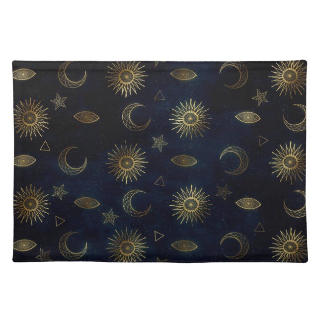 Celestial Blue Gold Sun Moon Stars Cloth Placemat (Front)