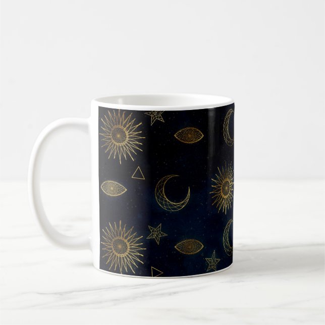Celestial Blue Gold Sun Moon Stars Coffee Mug (Left)