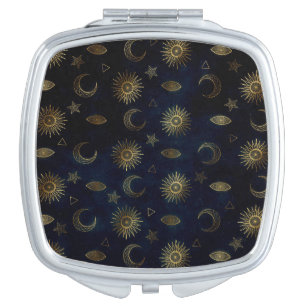 Celestial Blue Gold Sun Moon Stars Compact Mirror
