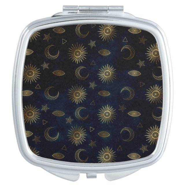 Celestial Blue Gold Sun Moon Stars Compact Mirror (Front)