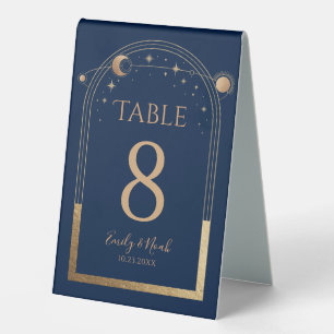 Celestial Blue Gold Sun Moon Stars Elegant Wedding Table Tent