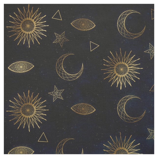 Celestial Blue Gold Sun Moon Stars Fabric (Swatch)