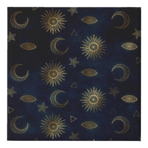 Celestial Blue Gold Sun Moon Stars Faux Canvas Print