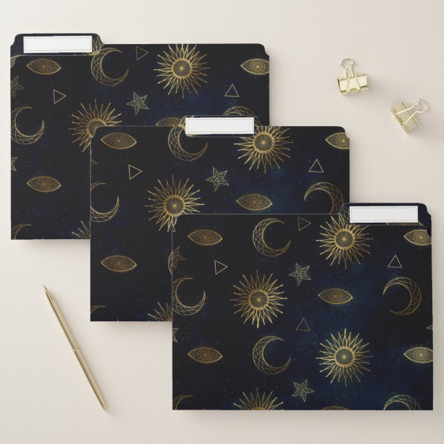 Celestial Blue Gold Sun Moon Stars File Folder (Set)