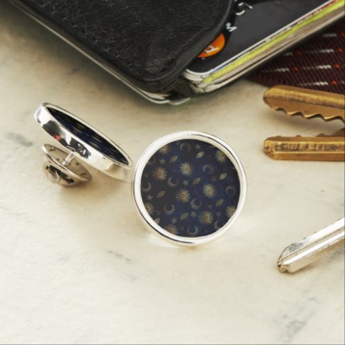 Celestial Blue Gold Sun Moon Stars Lapel Pin