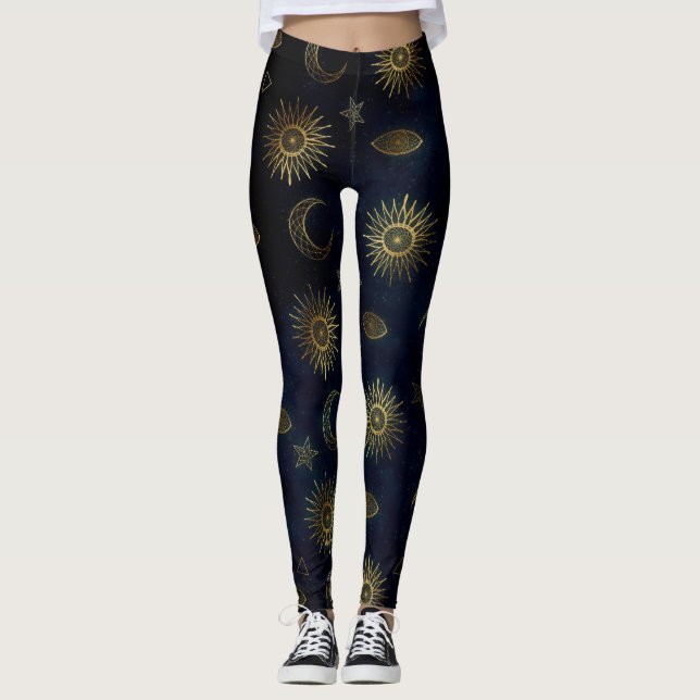 Celestial Blue Gold Sun Moon Stars Leggings (Front)