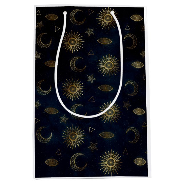 Celestial Blue Gold Sun Moon Stars Medium Gift Bag (Front)