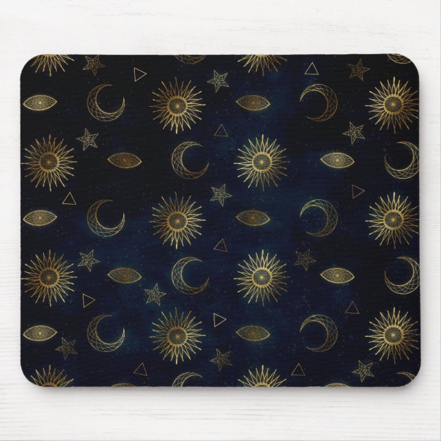 Celestial Blue Gold Sun Moon Stars Mouse Pad (Front)