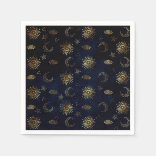 Celestial Blue Gold Sun Moon Stars Napkins