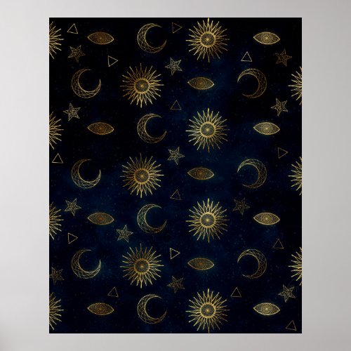 Celestial Blue Gold Sun Moon Stars Poster
