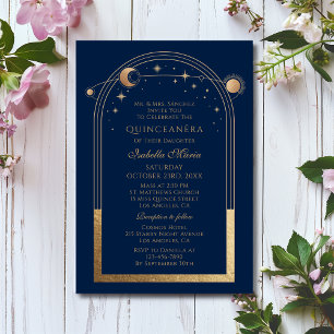 Celestial Blue Gold Sun Moon Stars Quinceañera Invitation