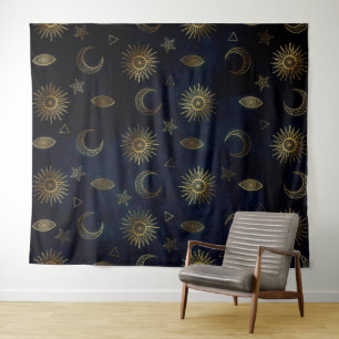 Celestial Blue Gold Sun Moon Stars Tapestry