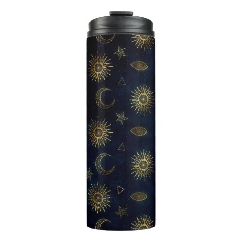 Celestial Blue Gold Sun Moon Stars Thermal Tumbler