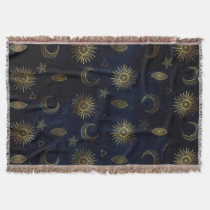 Celestial Blue Gold Sun Moon Stars Throw Blanket