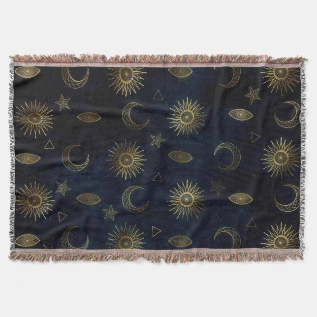 Celestial Blue Gold Sun Moon Stars Throw Blanket (Front)