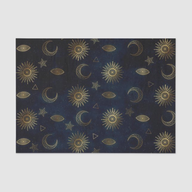 Celestial Blue Gold Sun Moon Stars Tissue Paper (Front)