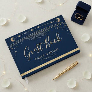 Celestial Blue Gold Sun Moon Stars Wedding Guest Book