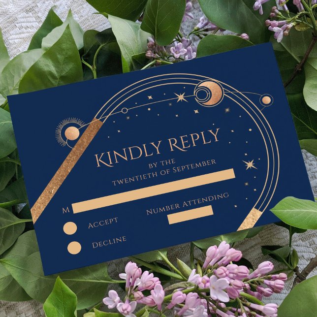 Celestial Blue Gold Sun Moon Stars Wedding RSVP Card (Creator Uploaded)