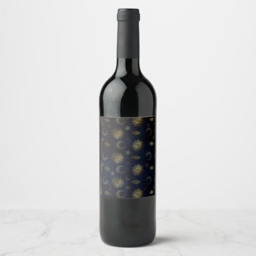 Celestial Blue Gold Sun Moon Stars Wine Label