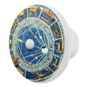 Celestial Blue & Gold Zodiac Wheel Astrology Signs Ceramic Knob