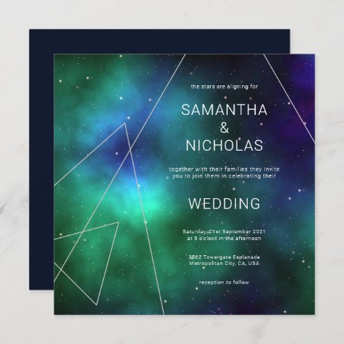 Celestial Blue Green Cosmic Abstract Cool Wedding  Invitation