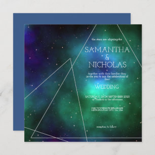 Celestial Blue Green Galaxy Abstract Wedding Invitation