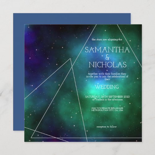 Celestial Blue Green Galaxy Abstract Wedding Invitation