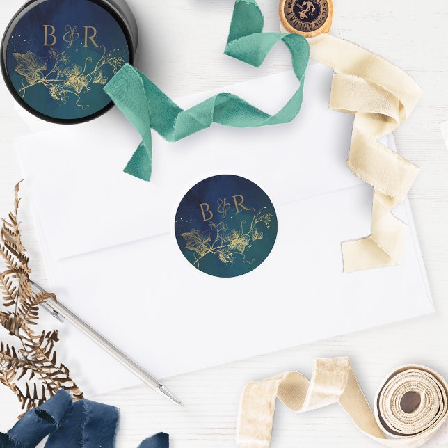 Celestial Blue, Green Wedding Envelope Seal/Favor Classic Round Sticker (Creator Uploaded)