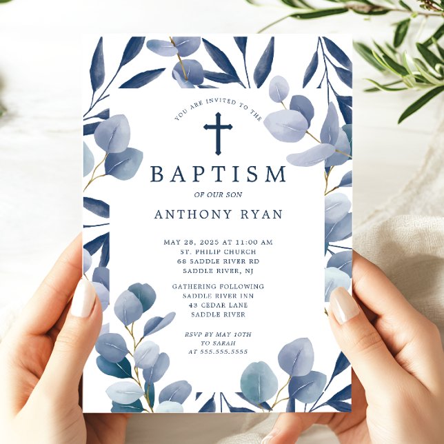 Celestial Blue Leaf Boys Baptism Invitation (Creator Uploaded)