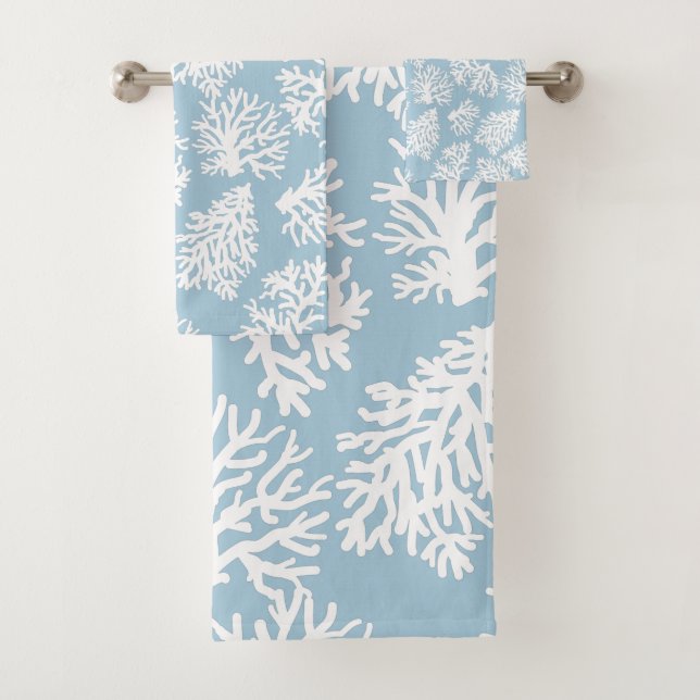 Celestial Blue Modern White Beach Coral Reefs  Bath Towel Set (Insitu)