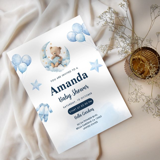 Celestial Blue Moon Bear Baby Shower Invitation (Creator Uploaded)