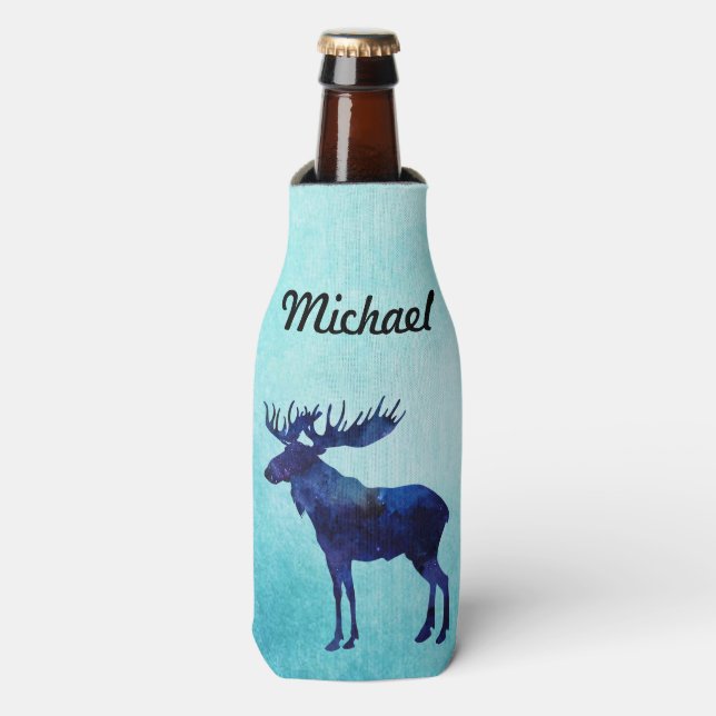 Celestial Blue Moose Silhouette  Bottle Cooler (Bottle Front)