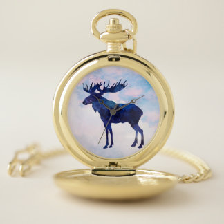 Celestial Blue Moose Silhouette Pocket Watch