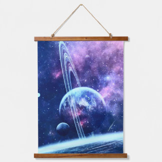 Celestial Blue Nebula & Ringed World Dreamscape Hanging Tapestry