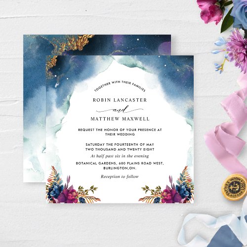 Celestial Blue Purple and Teal Square Wedding Invitation