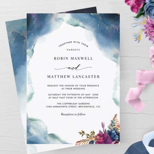 Celestial Blue Purple and Teal Watercolor Wedding Invitation