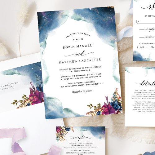 Celestial Blue Purple and Teal Watercolor Wedding Invitation