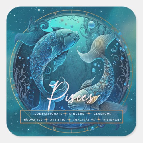Celestial Blue Purple Fish Pisces Fantasy Zodiac Square Sticker