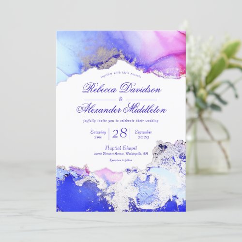 Celestial Blue Purple Jewel Tones Ink Wash Invitation