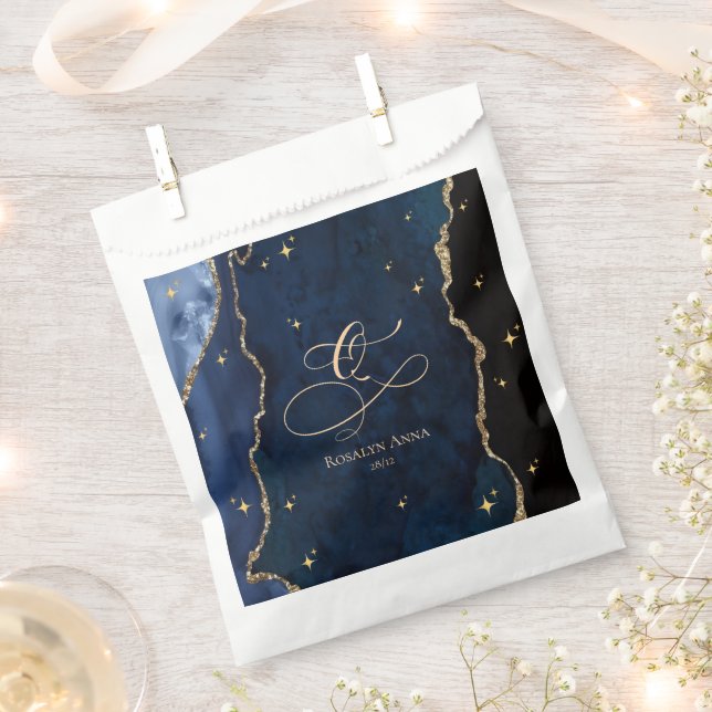  Celestial Blue Quinceanera Midnight Stars Moon  Favor Bag (Clipped)