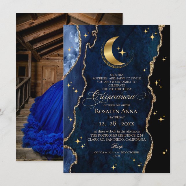  Celestial Blue Quinceanera Midnight Stars Moon  Invitation (Front/Back)