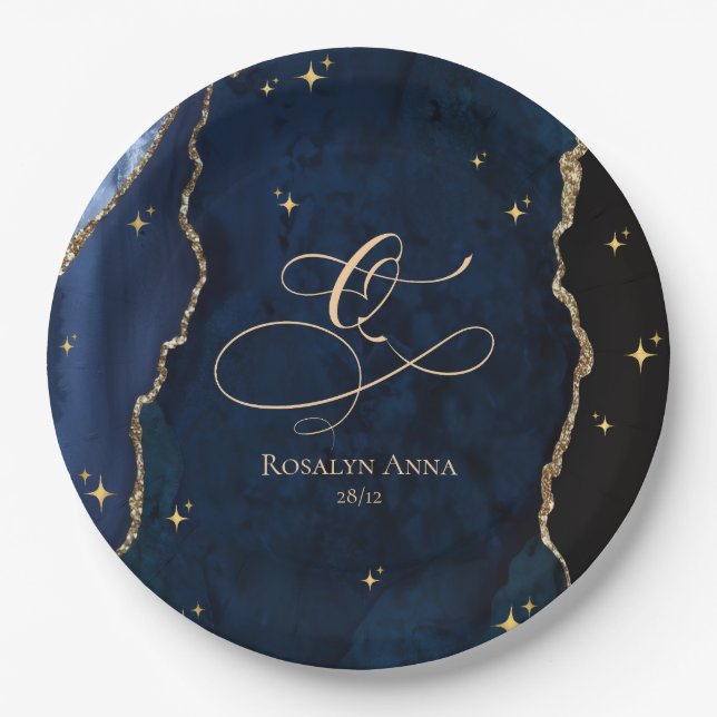  Celestial Blue Quinceanera Midnight Stars Moon  Paper Plates (Front)