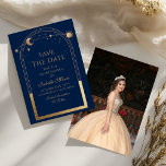 Celestial Blue Save The Date Birthday Quinceanera<br><div class="desc">Celestial Blue Save The Date Birthday Quinceanera Invitation features a gold sun, moon and stars frame on a blue background. Inside is your custom Quinceanera save the date information and on the reverse add your favorite photo. Personalize by editing the text in the text boxes. Designed for you by ©2024...</div>