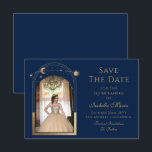 Celestial Blue Save The Date Birthday Quinceanera<br><div class="desc">Celestial Blue Save The Date Birthday Quinceanera Invitation features a gold sun, moon and stars frame on a blue background. Inside is your favorite photo and your custom Quinceanera save the date information. Personalize by editing the text in the text boxes and adding your favorite photo. Designed for you by...</div>
