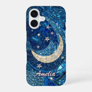 Celestial Blue Silver Stained Glass Moon iPhone 16 Case