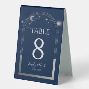 Celestial Blue Silver Starry Night Elegant Wedding Table Tent