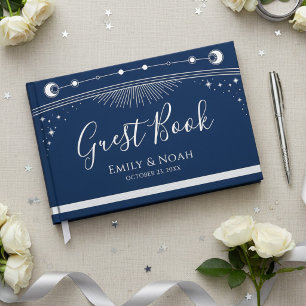 Celestial Blue Silver Sun Moon Stars Wedding Guest Book