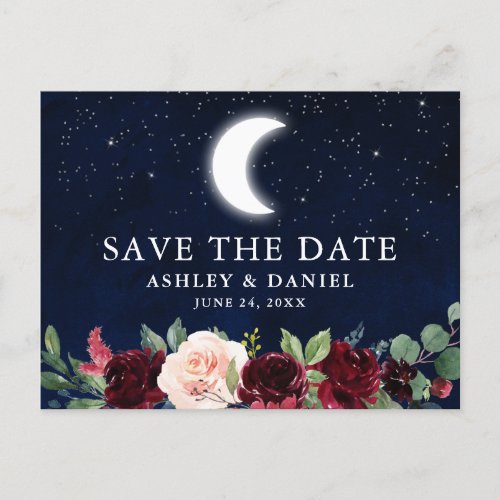 Celestial Blue Sky Moon Stars Floral Save The Date Postcard