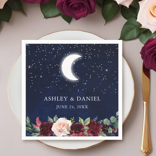 Celestial Blue Sky Moon Stars Floral Wedding Napkins